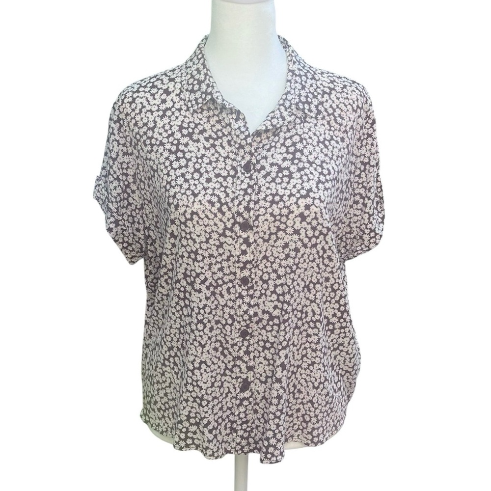 SAMSOE Sajan Daisy Pattern Button Up‎ Blouse Brown White Size Medium